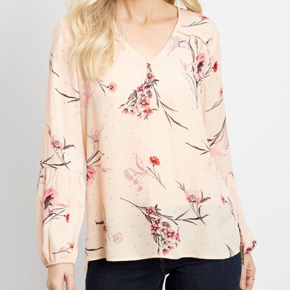 Maurices XL Cream Gold Chiffon Floral Pullover Lantern Sleeve Top Blouse Shirt - Picture 1 of 6